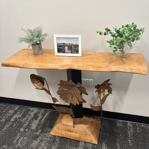 White Oak Sofa Table with Copper Flowers